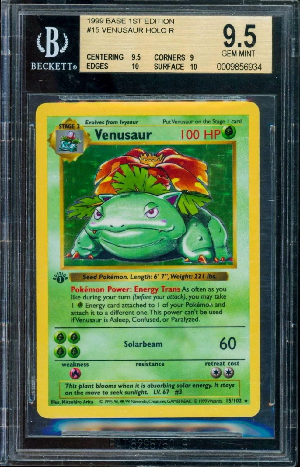 Venusaur – Holo Rare – 1999 1st Edition Base Set 15/102 – BGS 9.5