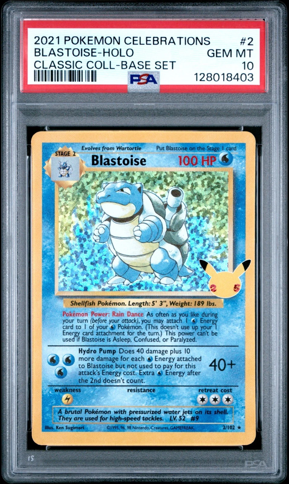 Blastoise – Holo Rare – Celebrations Classic Collection – 2/102 – PSA 10