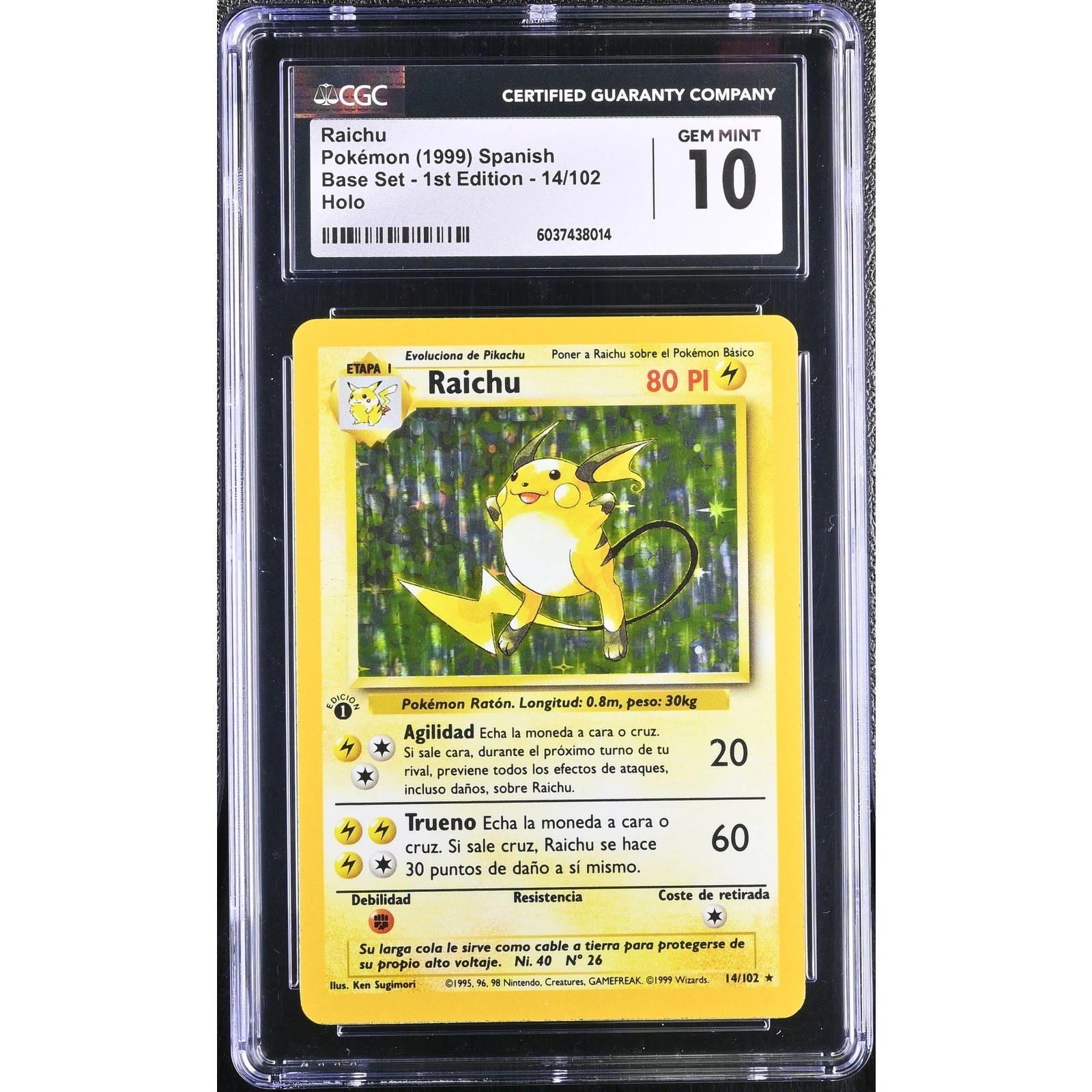 Raichu – Holo Rare – 1999 1st Edition Base Set (Spanish) – 14/102 – CGC 10 Gem Mint